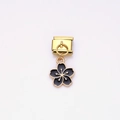 Italian charm link with a black enamel cherry blossom pendant on a gold base - Black Cherry Blossom