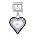 Italian modular heart charm with faux pearl and white zircon for 9mm steel bracelets - Black Enamel Heart With Faux Pearl