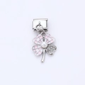 Italian modular charm featuring pink clover with enamel, zircon and white pearl accents - Pink Plaid Clover