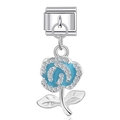Italian modular charm featuring a silver rose with blue enamel and sparkling crystals - Blue Enamel Rose