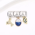 Charm bracelet italien modulaire avec dauphin doré, conque et pendentifs en émail bleu - Style Océan Dauphin Conque 13 (ZT-MK-128)