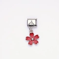 Italian modular stainless steel bracelet link with red cherry blossom flower charm - Five-Petal Floral Rhinestone Style