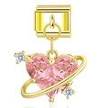 Italian charm module featuring a golden Saturn-style link with pink heart crystal - Gold Pink Heart Saturn