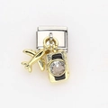 Italian charm with stainless steel link featuring a golden plane and camera pendant - Airplane and Black Camera Style (7)