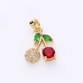 Gold cherry pendant charm with red ruby stones and green leaf crystals for DIY jewelry - Full Pave Red Green Style (3)