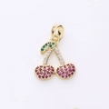 Sparkling cherry pendant with green leaves and rose red crystals in gold finish - Pave Rose Red Green Leaf Style (4)
