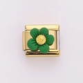 Italian style square gold charm featuring a green daisy flower for DIY link bracelet - Green (Gold Chain)