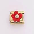Italian modular charm in gold finish featuring a detailed red daisy flower design - Red (Gold Chain)