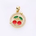 Sweet round golden cherry charm with red enamel and pavé zircons for DIY jewelry - Round Halo Star Style (6)