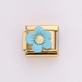Italian charm link in gold finish with a 3D light blue daisy flower for DIY bracelets - Light Blue (Gold Base)