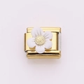 Golden stainless steel modular link charm with white daisy flower for Italian bracelet - Gold Base with White Zircon