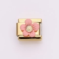 Italian charm link with pink flower on golden base for DIY stainless steel bracelets - Pink (Gold Chain)