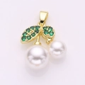 Golden cherry pendant with green stones and white pearls on white background - Glossy Pearl Green Leaf Style (11)