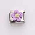 Italian charm link with purple daisy floral design and golden center in stainless steel - Purple (Silver Chain)