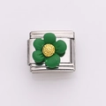Italian charm link featuring a green daisy flower on a stainless steel modular base - Green (Silver Chain)