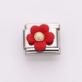 Italian charm link in stainless steel with a red daisy flower and gold center - Red (Silver Chain)