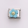 Italian modular charm bracelet link featuring a light blue daisy flower in stainless steel - Light Blue (Silver Base)