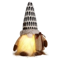 LED light up coffee gnome with houndstooth hat and gold gift box plush ornament - Santa Embracing Gift Box
