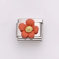 Italian charm link with orange daisy flower detail in stainless steel finish - Orange (Silver Base)