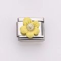 Italian charm bracelet link with a yellow daisy flower on a stainless steel base - Yellow (Silver Chain)