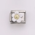 Italian daisy charm in silver stainless steel with white petals and golden center - Silver Base with White Zircon