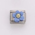 Italian modular charm link in stainless steel with a matte blue daisy flower design - Blue (Silver)