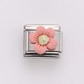 Italian charm bracelet link in stainless steel with a pink daisy flower design - Pink (Silver Chain)
