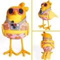 Handmade yellow felt bird doll in pink swimsuit with sunglasses and camera from three views - Camera Bird