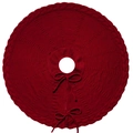 Klassische rote gestrickte Weihnachtsbaumdecke mit Zopfmuster und Bändern auf weißem Grund - Durchmesser 62cm (24 Zoll) / Rot