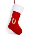 Classic red velvet Christmas stocking with white faux fur trim and gold glitter letter O - Letter O
