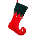 Grote rood-groene kerstsok in elfenlaarsstijl van fluweel met gouden belletjes - Elf Stijl / Rood Groen Contrast