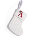 White knitted Christmas stocking with red letter A embroidery and small Santa hat detail - Letter A