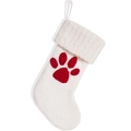 Gestrickter cremeweißer Weihnachtsstrumpf mit rotem Pfotenabdruck und Aufhängeschlaufe - Weiß