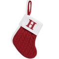 Red and white knit Christmas stocking with letter H embroidery and hanging loop - Letter H