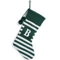 Calza di Natale in maglia a righe bianche e verdi con decorazione della lettera B - Lettera B a righe bianche e verdi