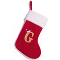 Red knit Christmas stocking featuring a golden glitter letter G and a white plush cuff - Letter G (G)