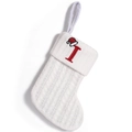 White knitted Christmas stocking with red letter T embroidery and a small Santa hat detail - Letter I