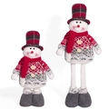 Weihnachtsschneemann-Plüschfigur mit Teleskopbeinen im roten Strickpullover und Karo-Hut - Schneemann