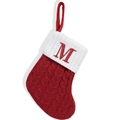 Red knit Christmas stocking ornament with white cuff and red embroidered letter M - Letter M