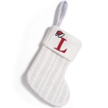 White knitted Christmas stocking with a red embroidered letter L and holiday hat decor - Letter L