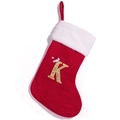 Red knit Christmas stocking with white faux fur trim and gold embroidered letter K - Letter K (K)
