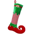 Weihnachtliche Elf-Socke in Rot und Grün gestreift mit goldenen Glöckchen und Schnalle - Grüner Aufschlag Stil