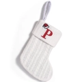 White cable knit Christmas stocking with red embroidered letter P and a mini Santa hat - Letter P