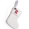 White knitted Christmas stocking with red letter R embroidery and a festive santa hat - Letter R