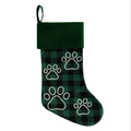 Green and black buffalo plaid pet Christmas stocking with white paw prints and knit cuff - Green Checkered