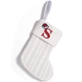 White knitted Christmas stocking with red letter S embroidery and small Santa hat detail - Letter S
