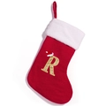 Red Christmas stocking with plush white trim and gold glittery embroidered letter R - Letter R (R)