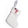 White cable knit Christmas stocking with red embroidered letter T and small Santa hat - Letter T