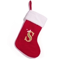 Red knitted Christmas stocking with golden embroidered letter S and mini Santa hat decoration - Letter S (S)