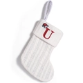 White knitted Christmas stocking featuring a red embroidered letter U and mini Santa hat - Letter U